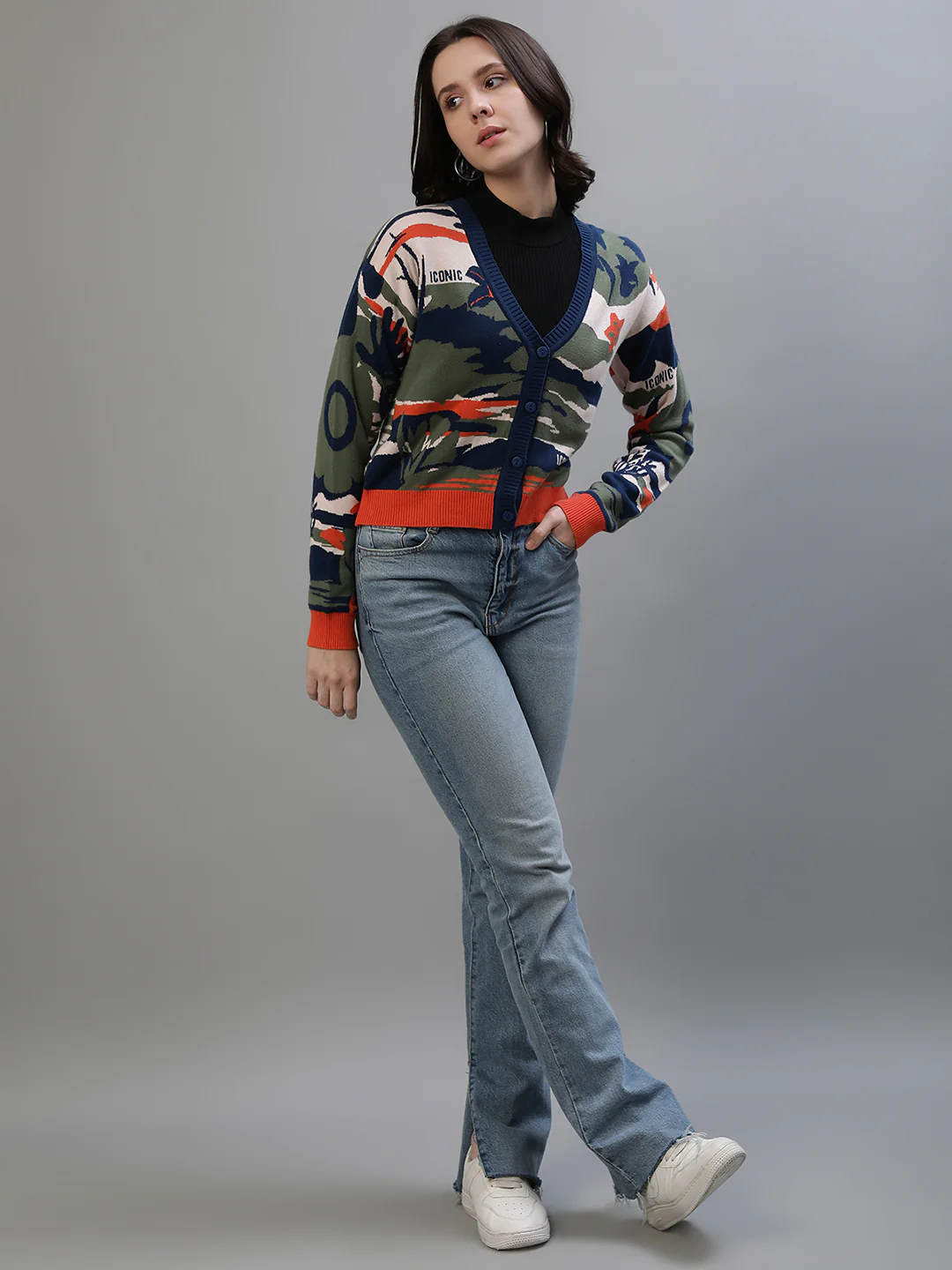 Iconic Women Multicolor Printed V-Neck Full Sleeves Sweater - Image 7