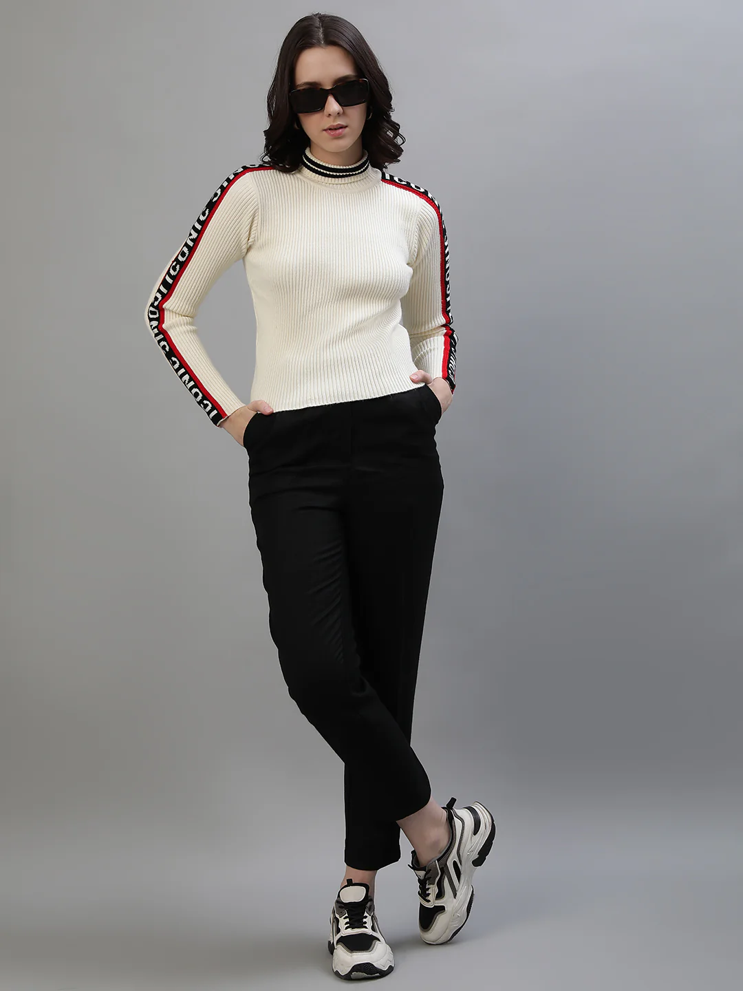 Iconic Women Cream Solid Turtle Neck Full Sleeves Sweater - Image 3