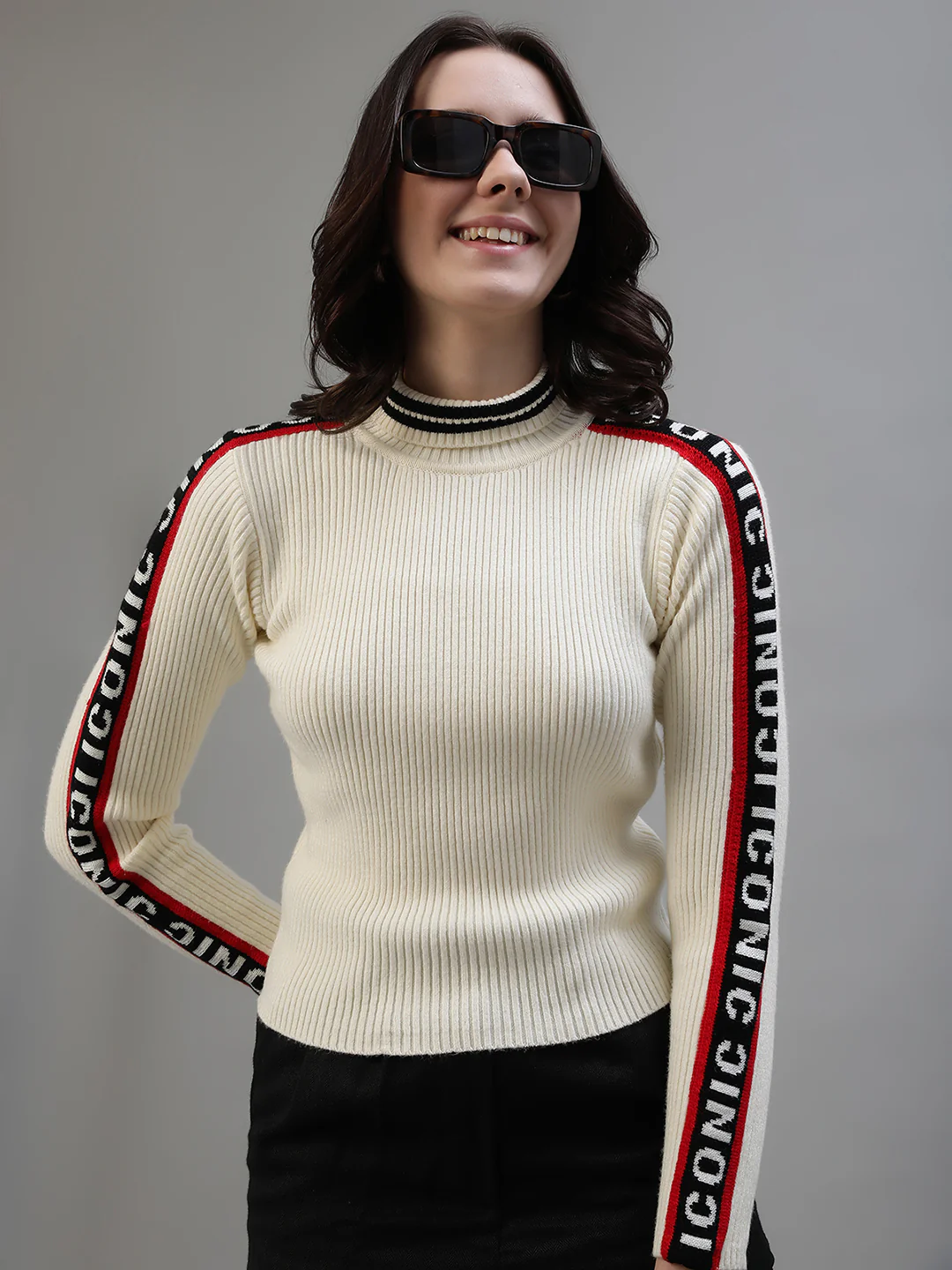 Iconic Women Cream Solid Turtle Neck Full Sleeves Sweater - Image 4