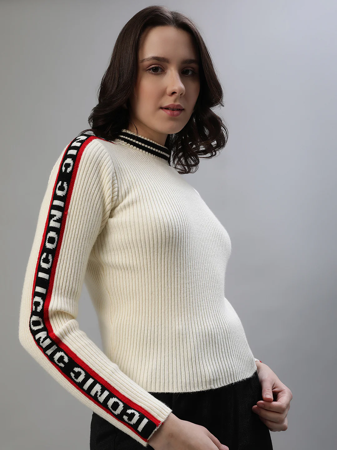 Iconic Women Cream Solid Turtle Neck Full Sleeves Sweater - Image 7