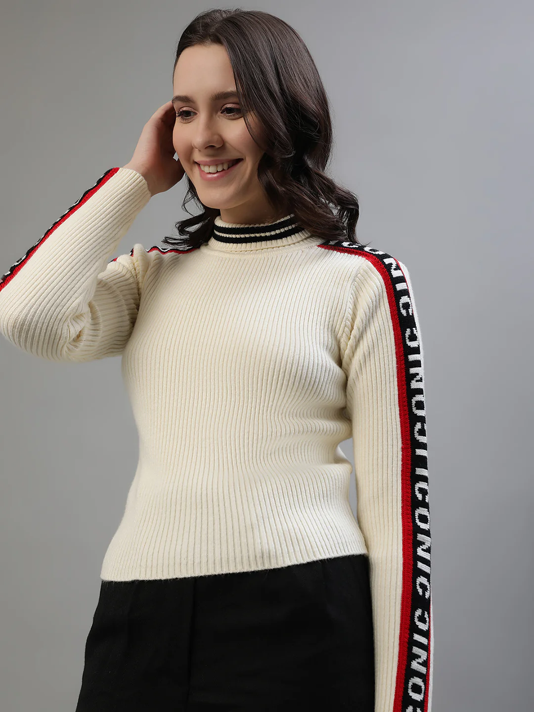 Iconic Women Cream Solid Turtle Neck Full Sleeves Sweater - Image 8