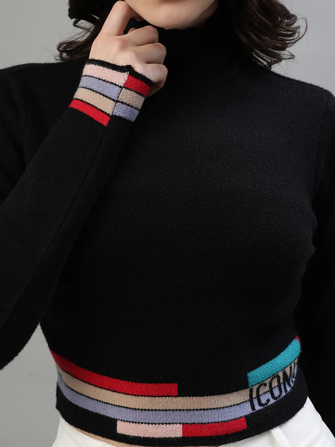 Iconic Women Black Solid Round Neck Sweater - Image 7