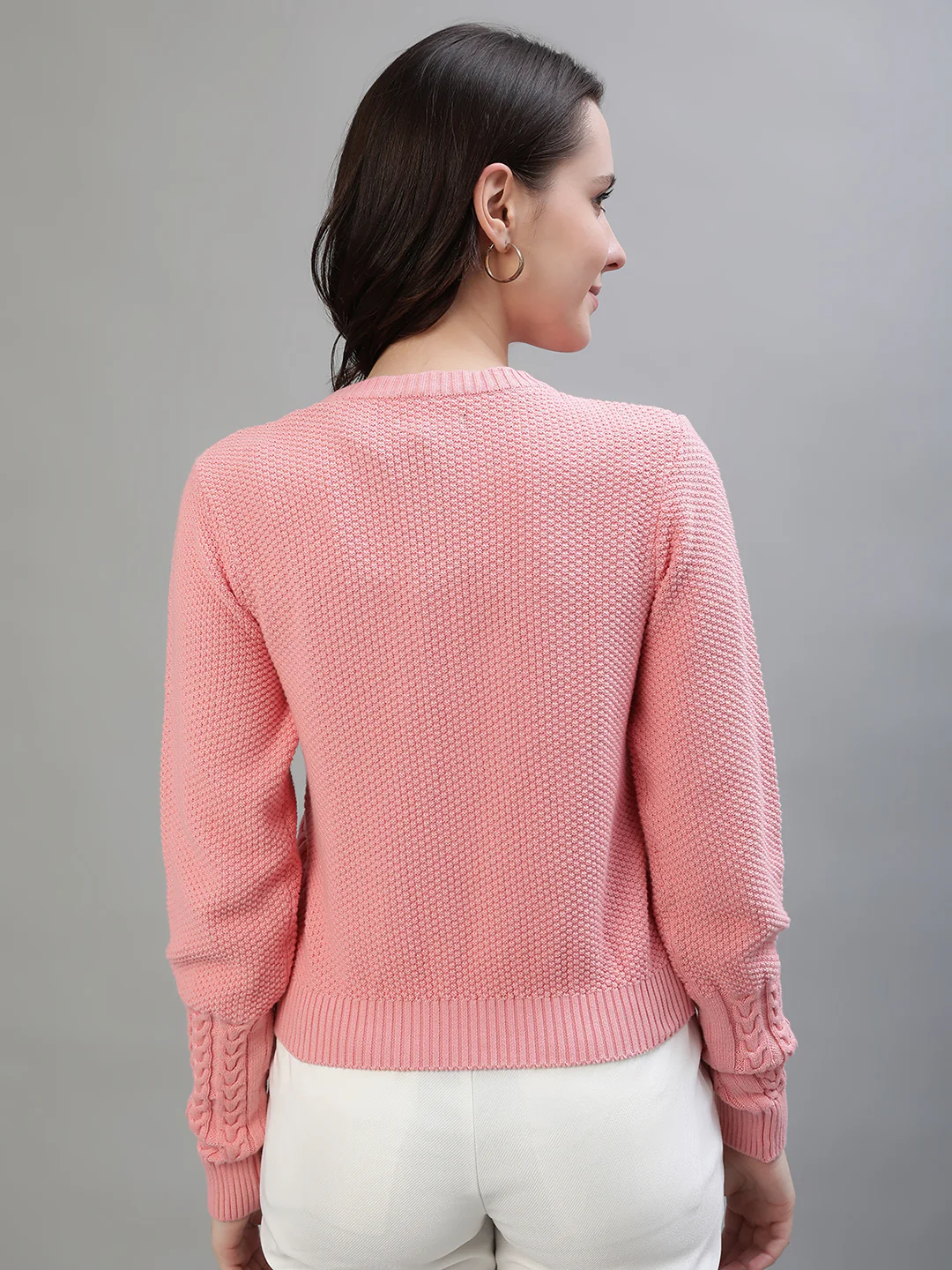 Iconic Women Pink Woven Round Neck Full Sleeves Sweater - Image 6