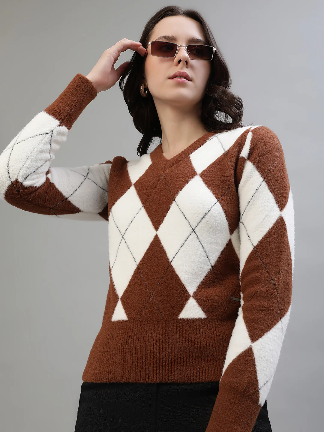 Iconic Women Checked Full Sleeves V Neck Sweater - Image 2