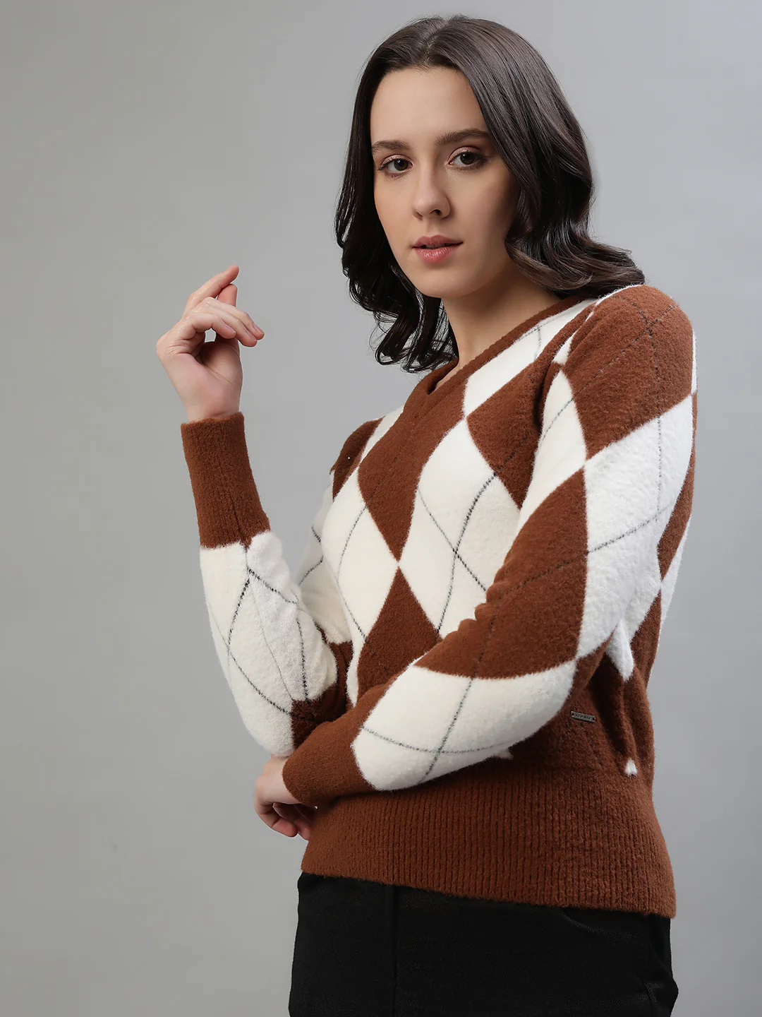 Iconic Women Brown Printed V-Neck Full Sleeves Sweater - Image 3