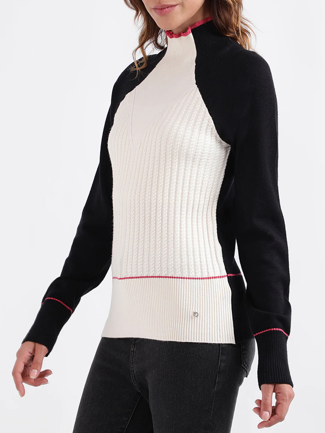 Iconic Women Colour blocked Full Sleeves High Neck Sweater - Image 2