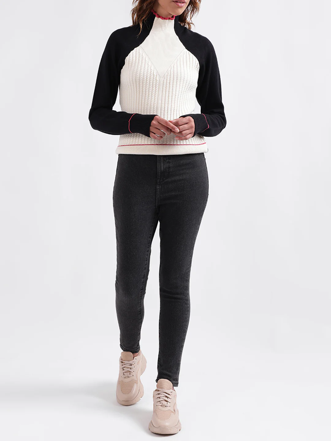 Iconic Women Colour blocked Full Sleeves High Neck Sweater - Image 4