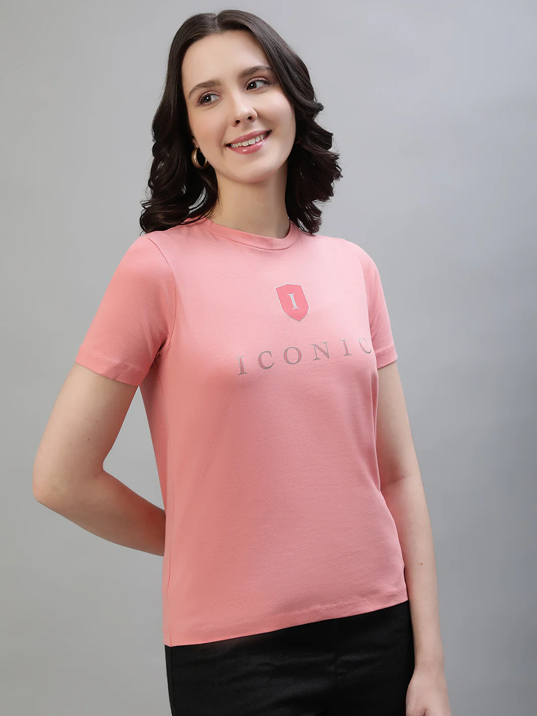Iconic Women Pink Solid Round Neck Short Sleeves Tshirt - Image 4