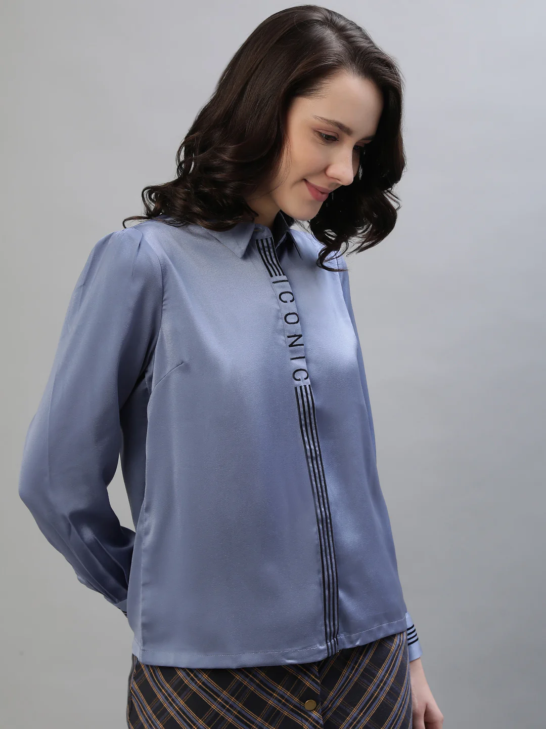 Iconic Women Blue Solid Spread Collar Full Sleeves Shirt - Image 2