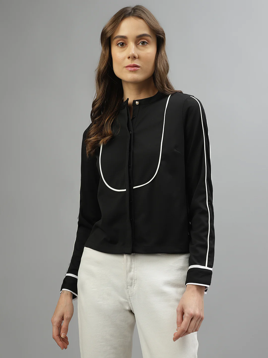 Iconic Women Solid Mandarin Collar Full Sleeves Top - Image 2