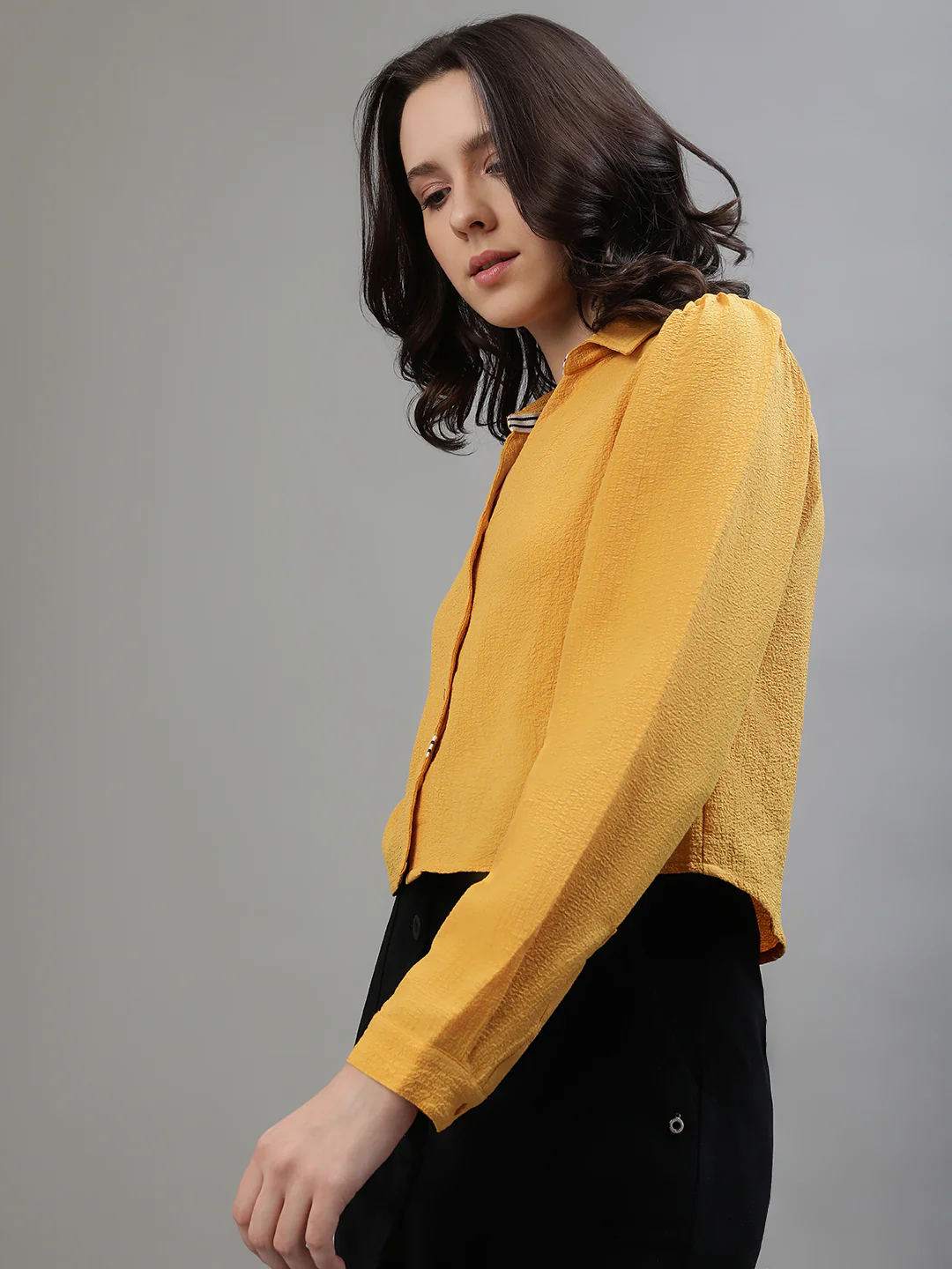 Iconic Women Yellow Solid Collar Top - Image 3