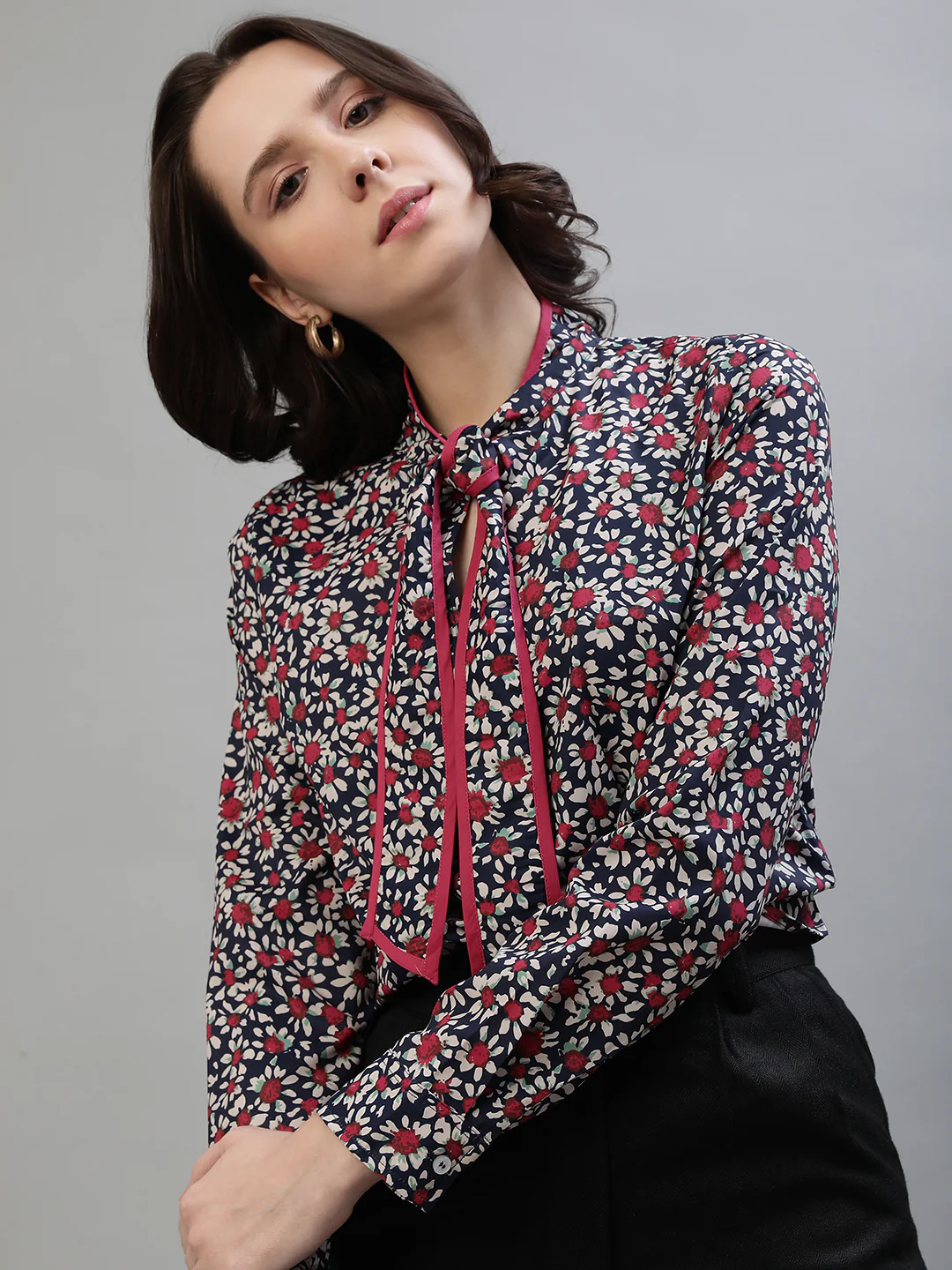 Iconic Women Multicolor Printed Tie Up Neck Full Sleeves Top - Image 6