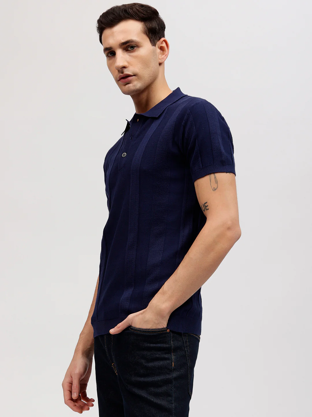 Iconic Men Navy Blue Solid Polo Collar Short Sleeves Tshirt - Image 3