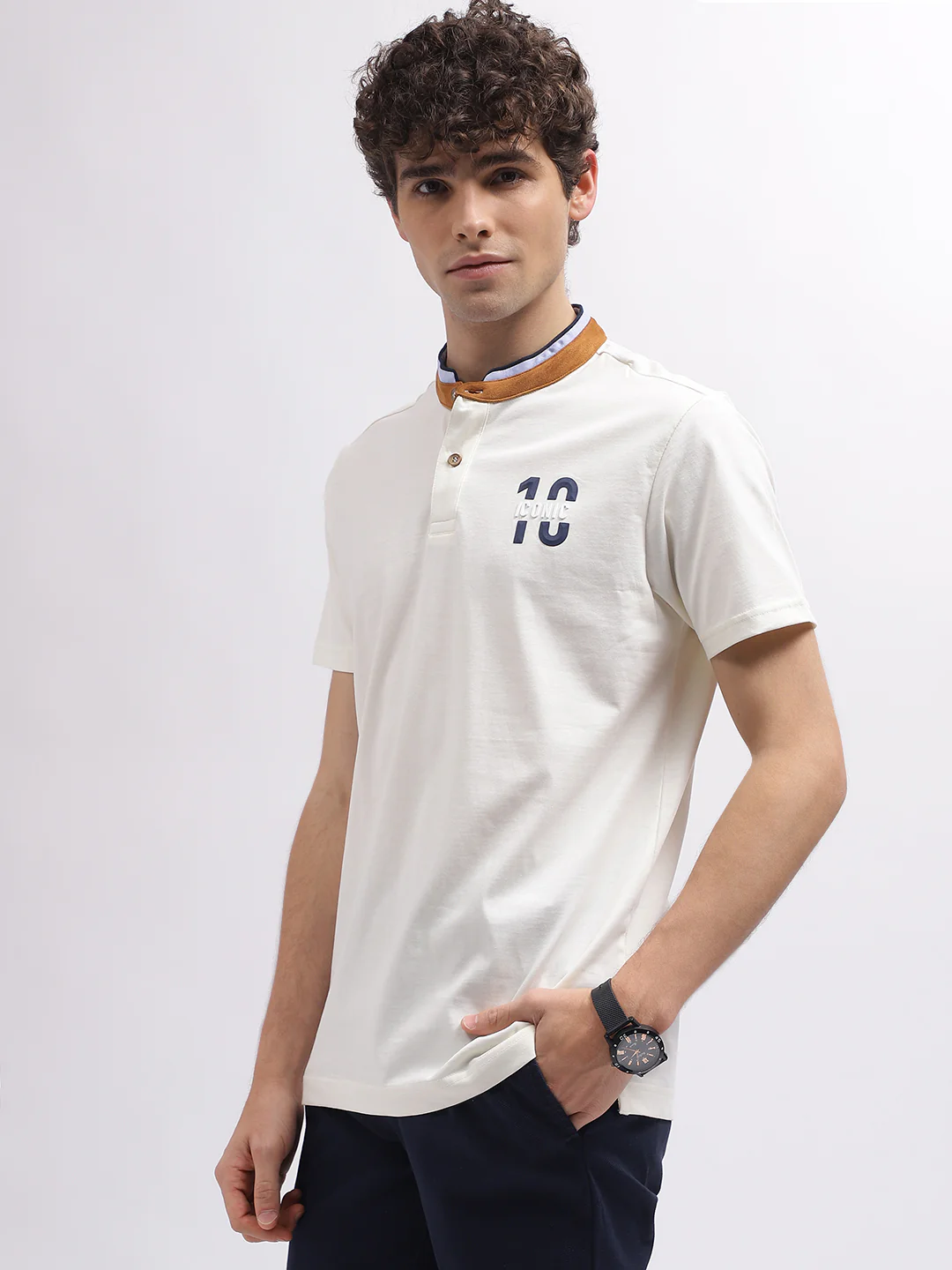 Iconic Men White Solid Band Collar Short Sleeves Tshirt - Image 3