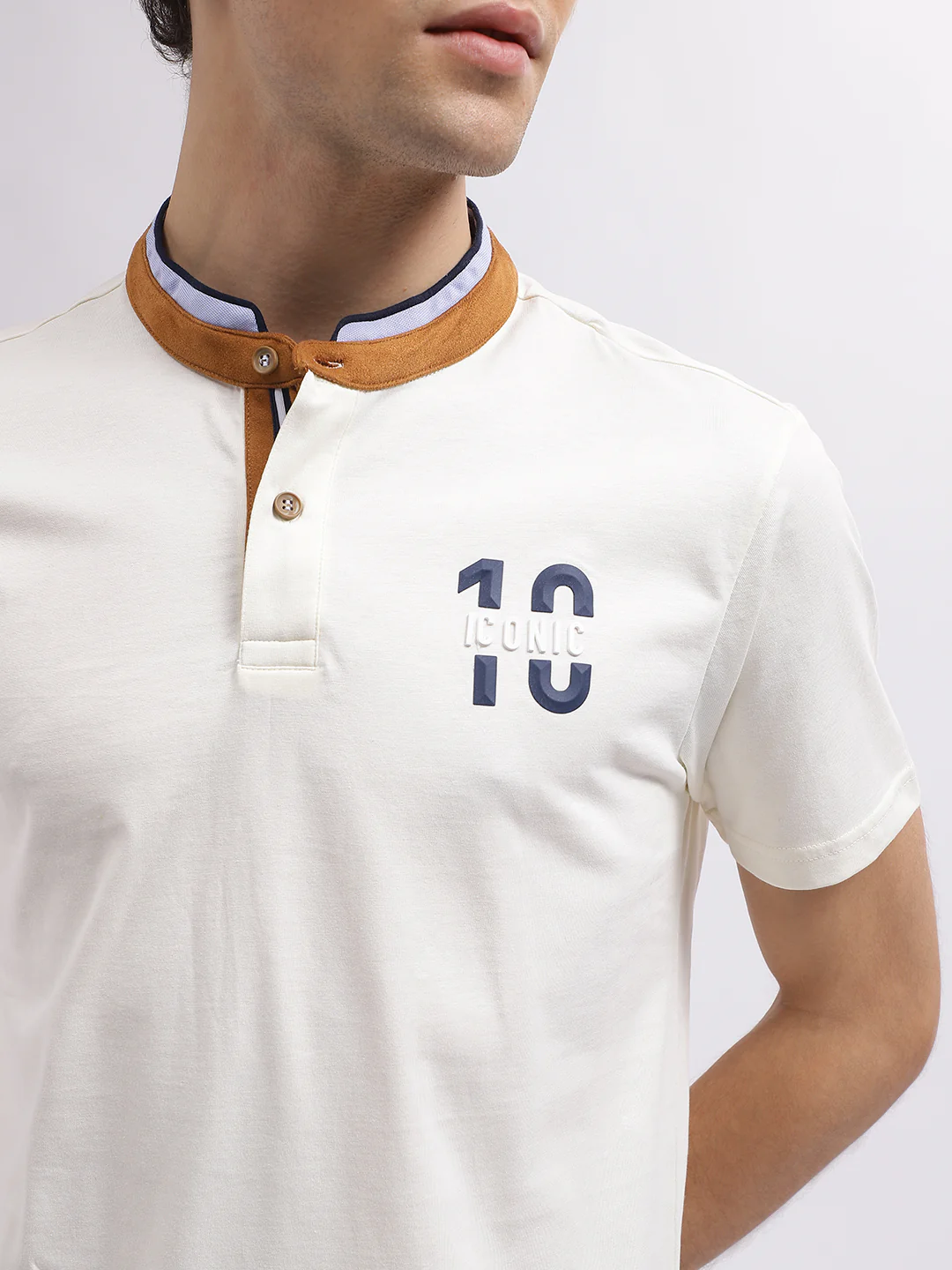 Iconic Men White Solid Band Collar Short Sleeves Tshirt - Image 6