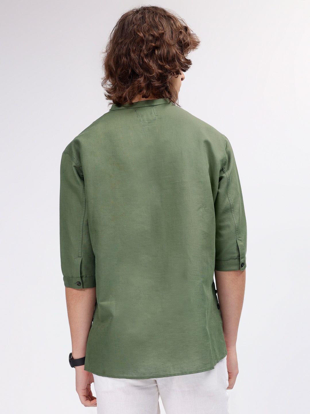 Iconic Men Green Mandarin Collar Shirt - Image 2