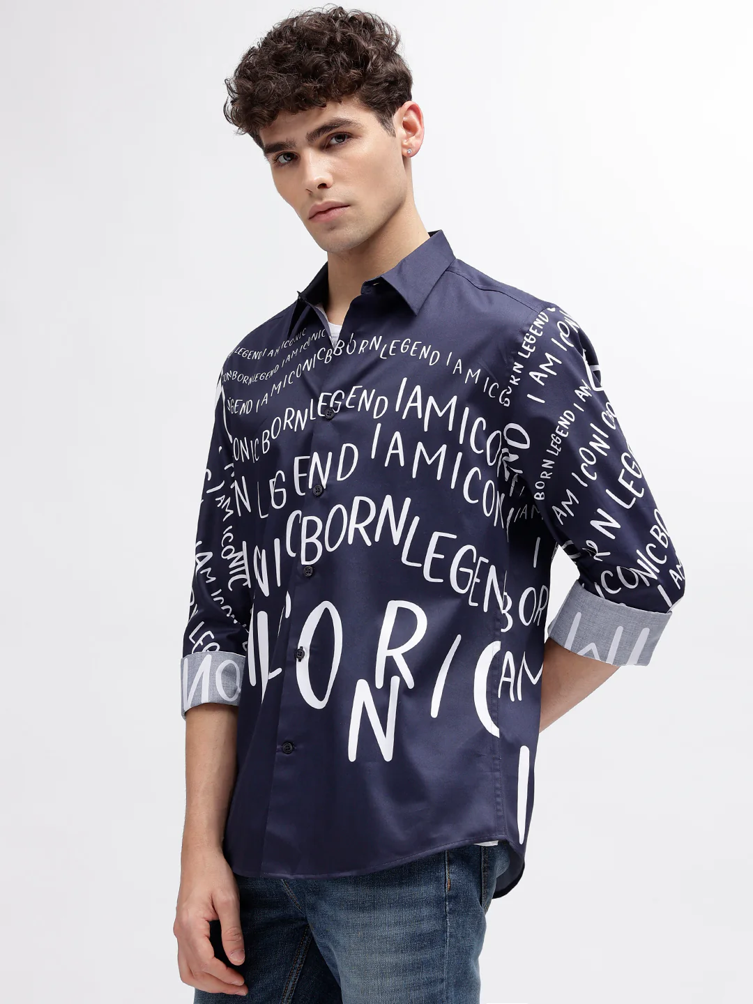 Iconic Men Navy Blue Printed Spread Collar Full Sleeves Shirt - Image 2