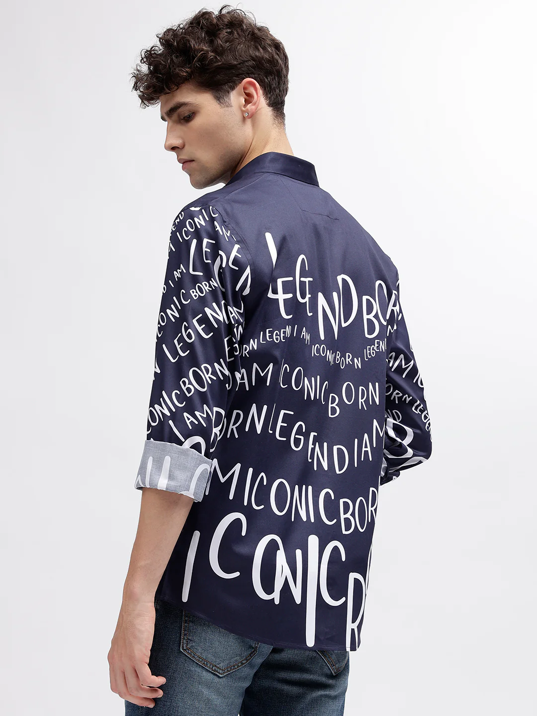 Iconic Men Navy Blue Printed Spread Collar Full Sleeves Shirt - Image 3