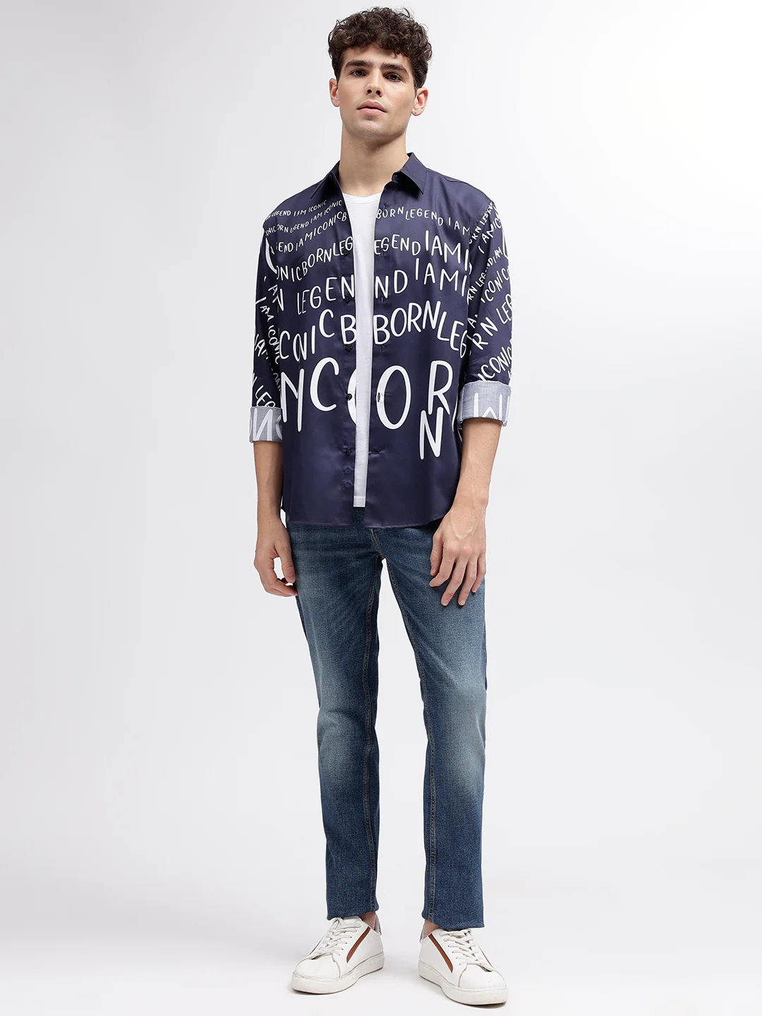 Iconic Men Navy Blue Printed Spread Collar Full Sleeves Shirt - Image 4