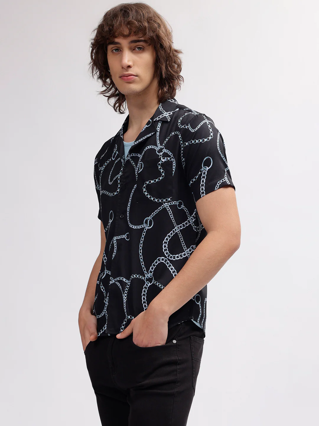 Iconic Men Black Printed Resort Collar Short Sleeves Shirt - Image 3