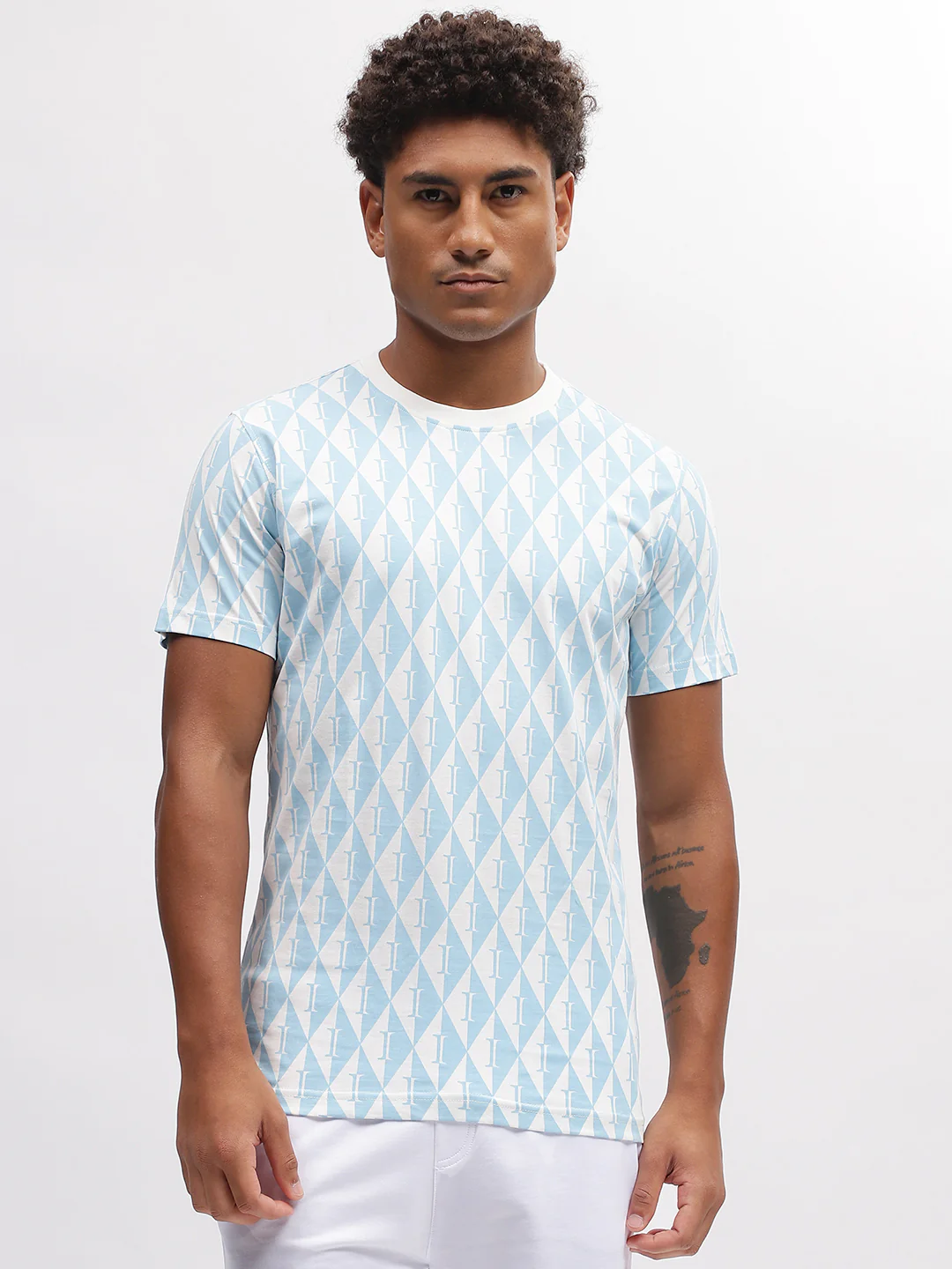 Iconic Men Blue Printed Round Neck Short Sleeves Tshirt