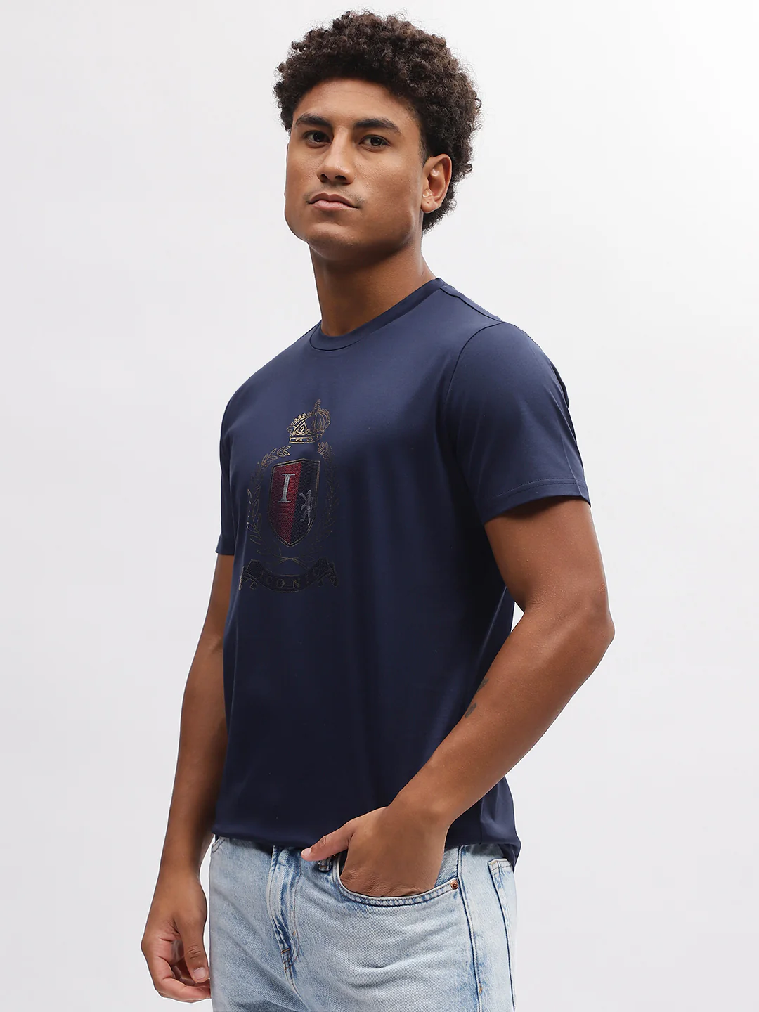 Iconic Men Navy Blue Solid Round Neck Short Sleeves Tshirt - Image 3