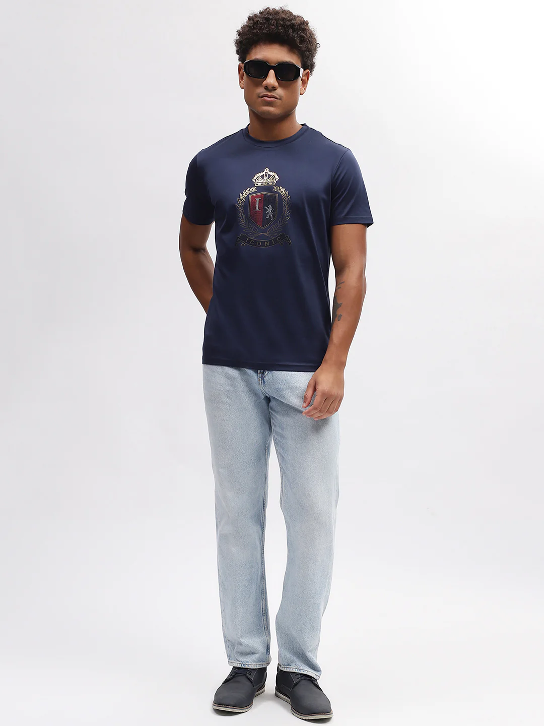 Iconic Men Navy Blue Solid Round Neck Short Sleeves Tshirt - Image 5