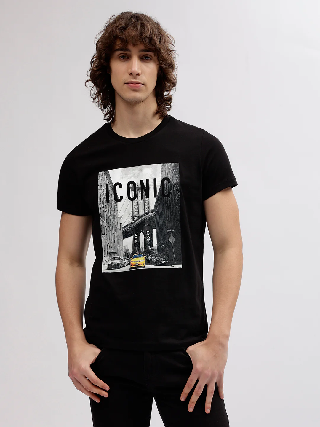 Iconic Men Black Printed Round Neck Short Sleeves Tshirt - Image 2