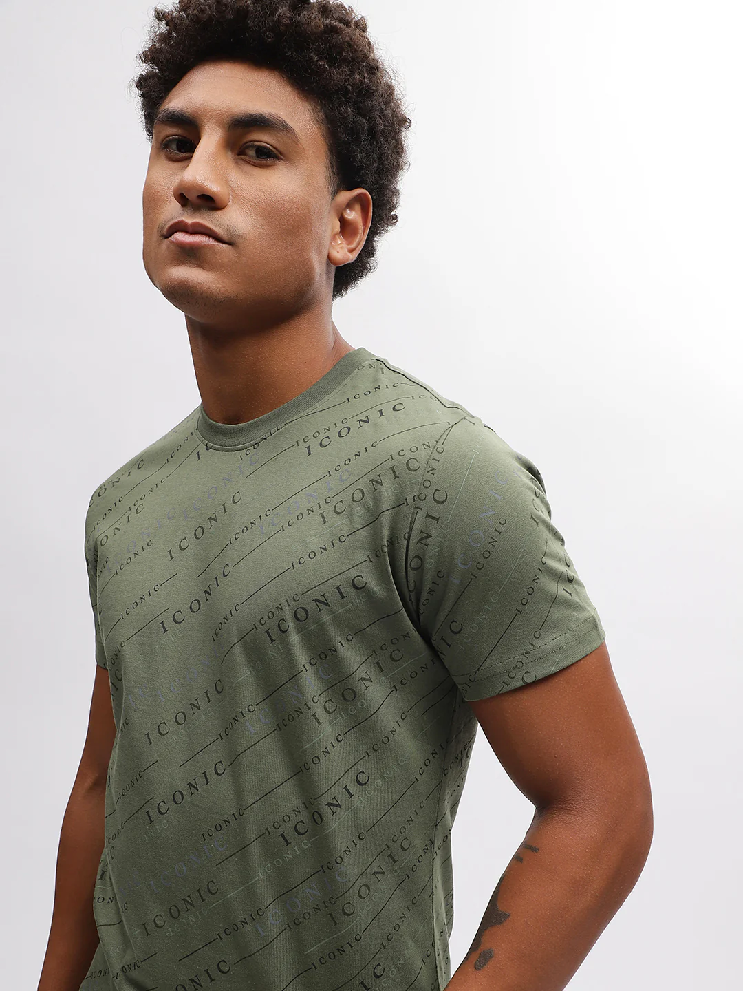 Iconic Men Olive Printed Round Neck Short Sleeves Tshirt - Image 2