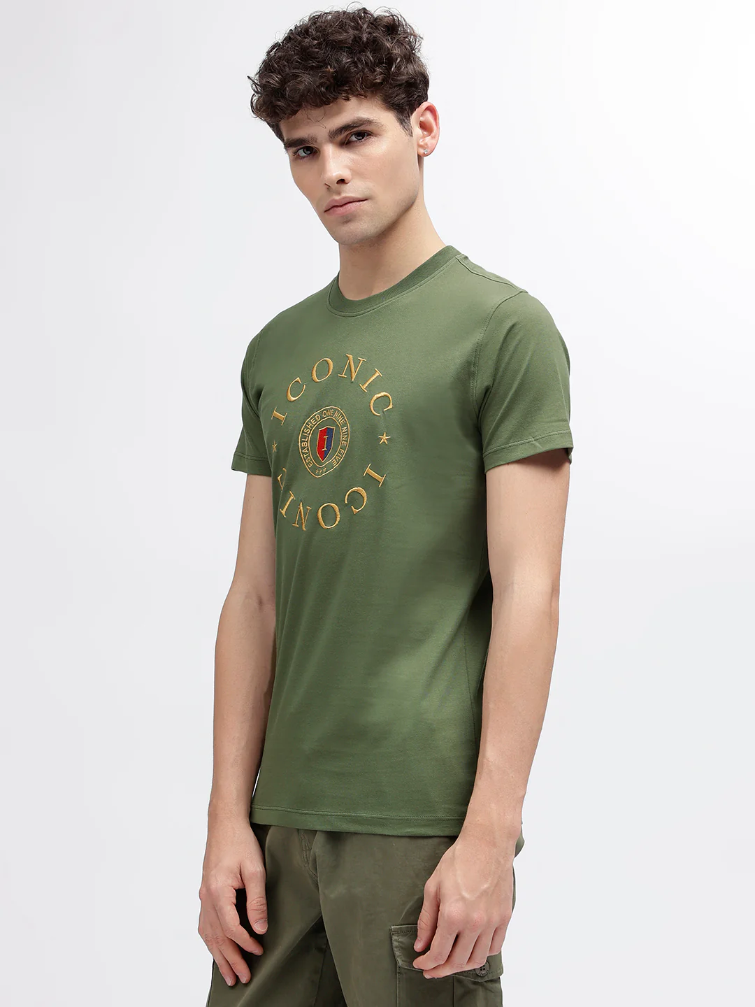 Iconic Men Olive Embroidered Round Neck Short Sleeves Tshirt - Image 3