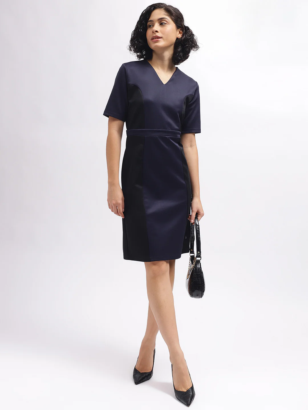 Iconic Women Navy Blue Colour Blocked V-Neck Short Sleeves Dress - Image 5