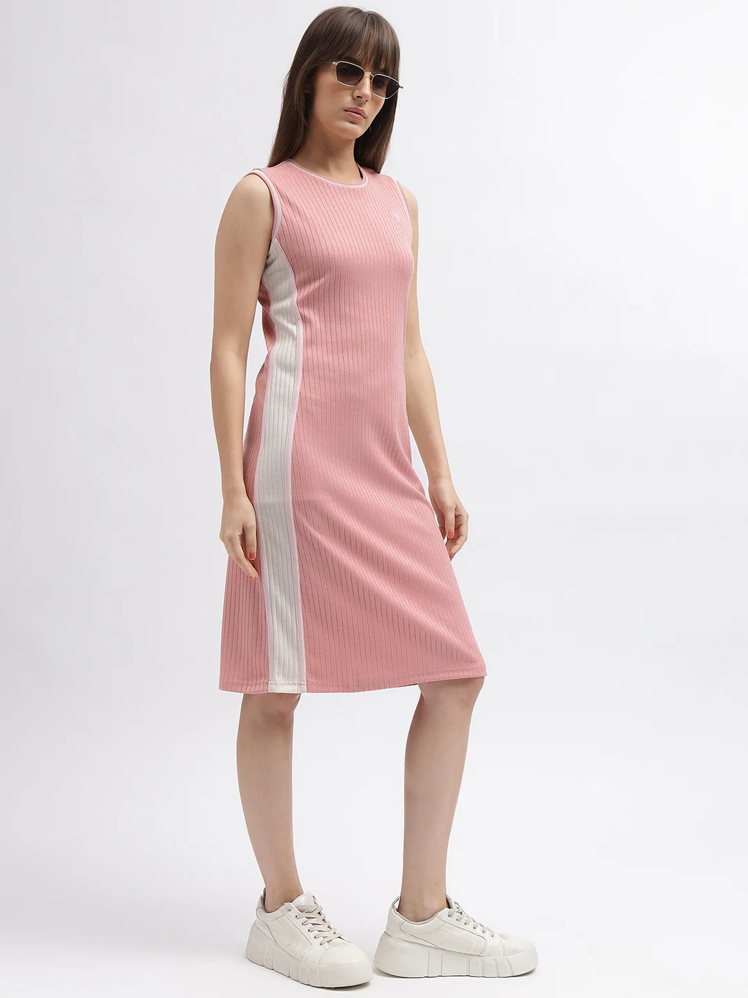 Iconic Women Pink Striped Round Neck Sleeveless Dress - Image 4