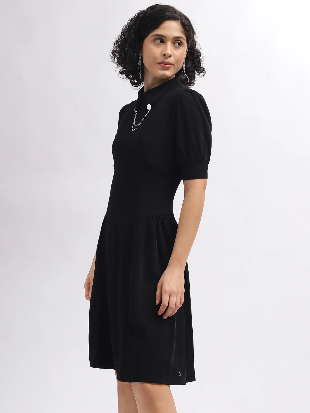 Iconic Women Black Solid Shirt Collar Short Sleeves Dress - Image 3