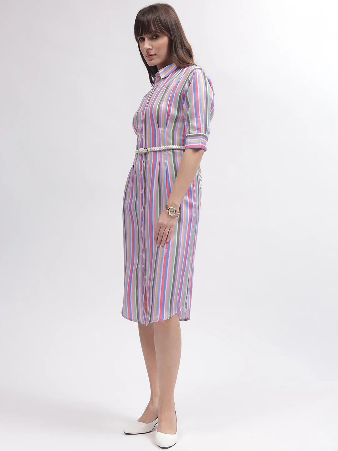 Iconic Women Multi Striped Shirt Collar 3/4th Sleeves Dress - Image 5