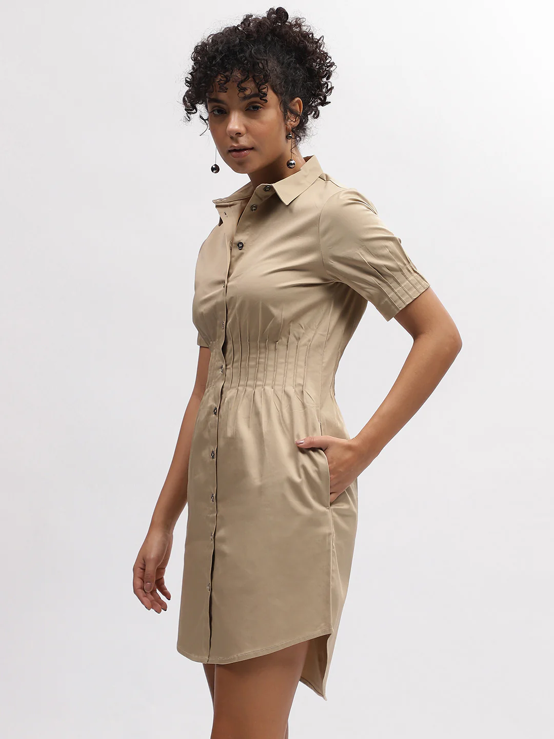 Iconic Women Beige Solid Shirt Collar Short Sleeves Dress - Image 3