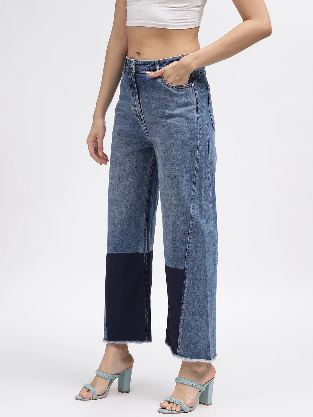 Iconic Women Blue Colour Blocked Flared Jeans - Image 2