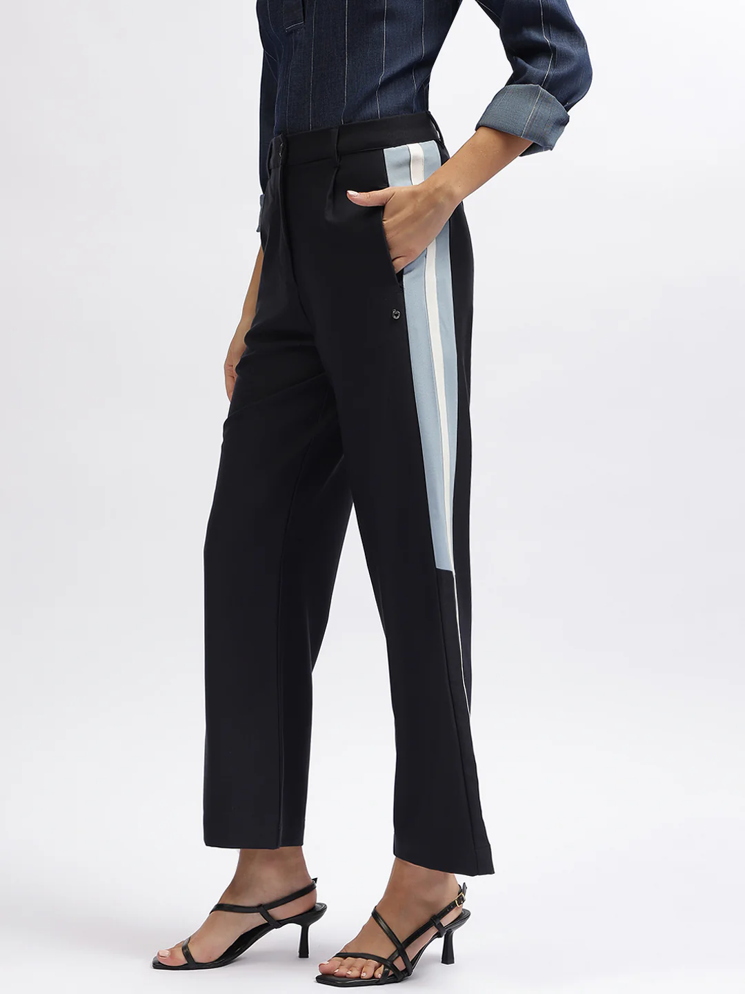 Iconic Women Navy Blue Color-Blocked Regular Fit Trouser - Image 2