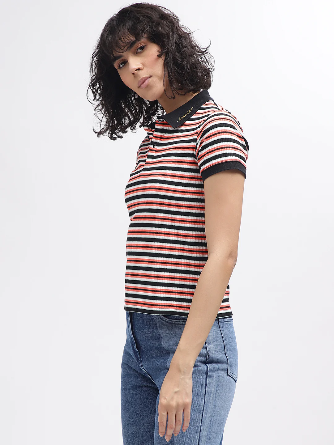 Iconic Women Multi Striped Polo Collar Short Sleeves Tshirt - Image 2