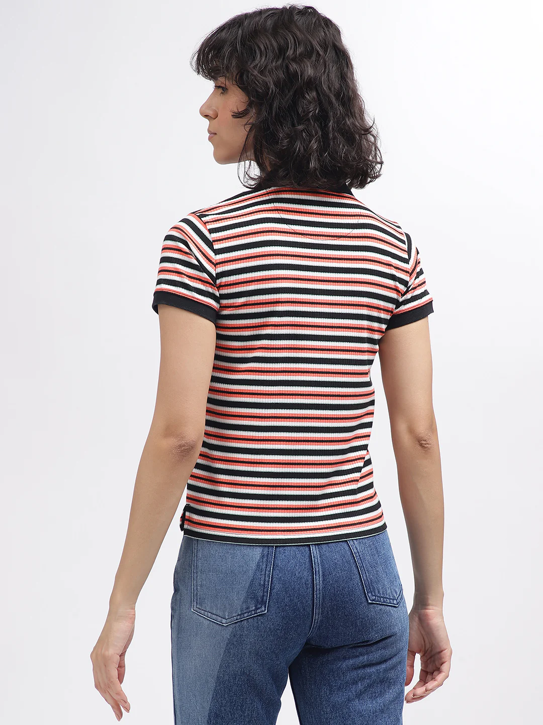 Iconic Women Multi Striped Polo Collar Short Sleeves Tshirt - Image 3