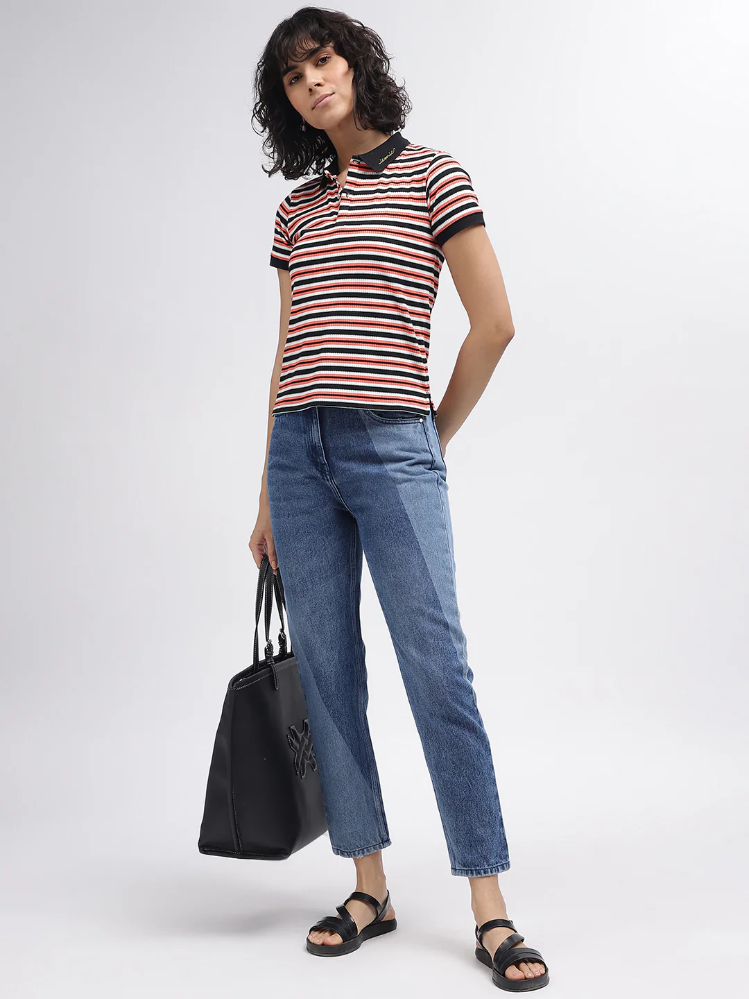 Iconic Women Multi Striped Polo Collar Short Sleeves Tshirt - Image 4