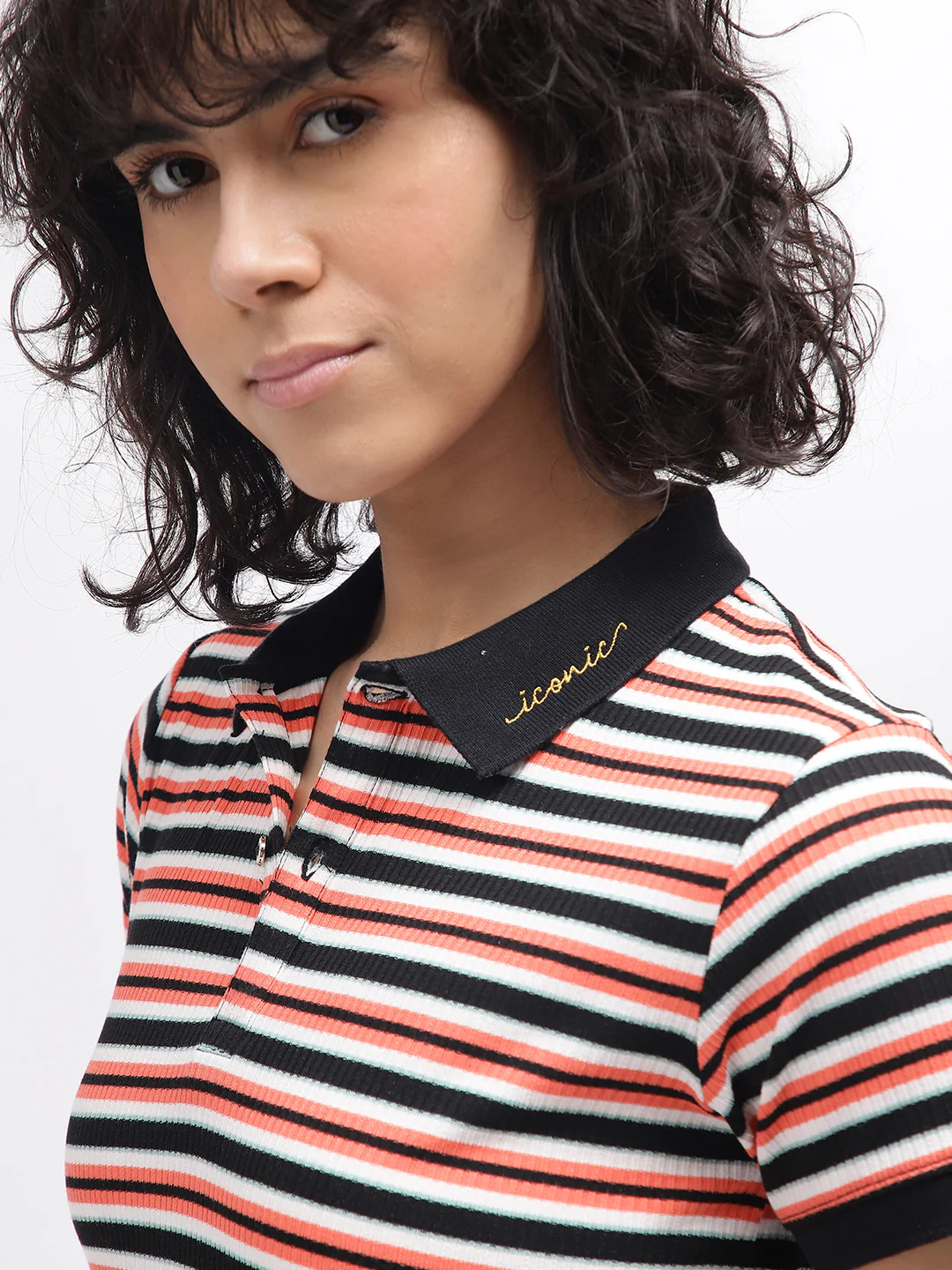 Iconic Women Multi Striped Polo Collar Short Sleeves Tshirt - Image 5