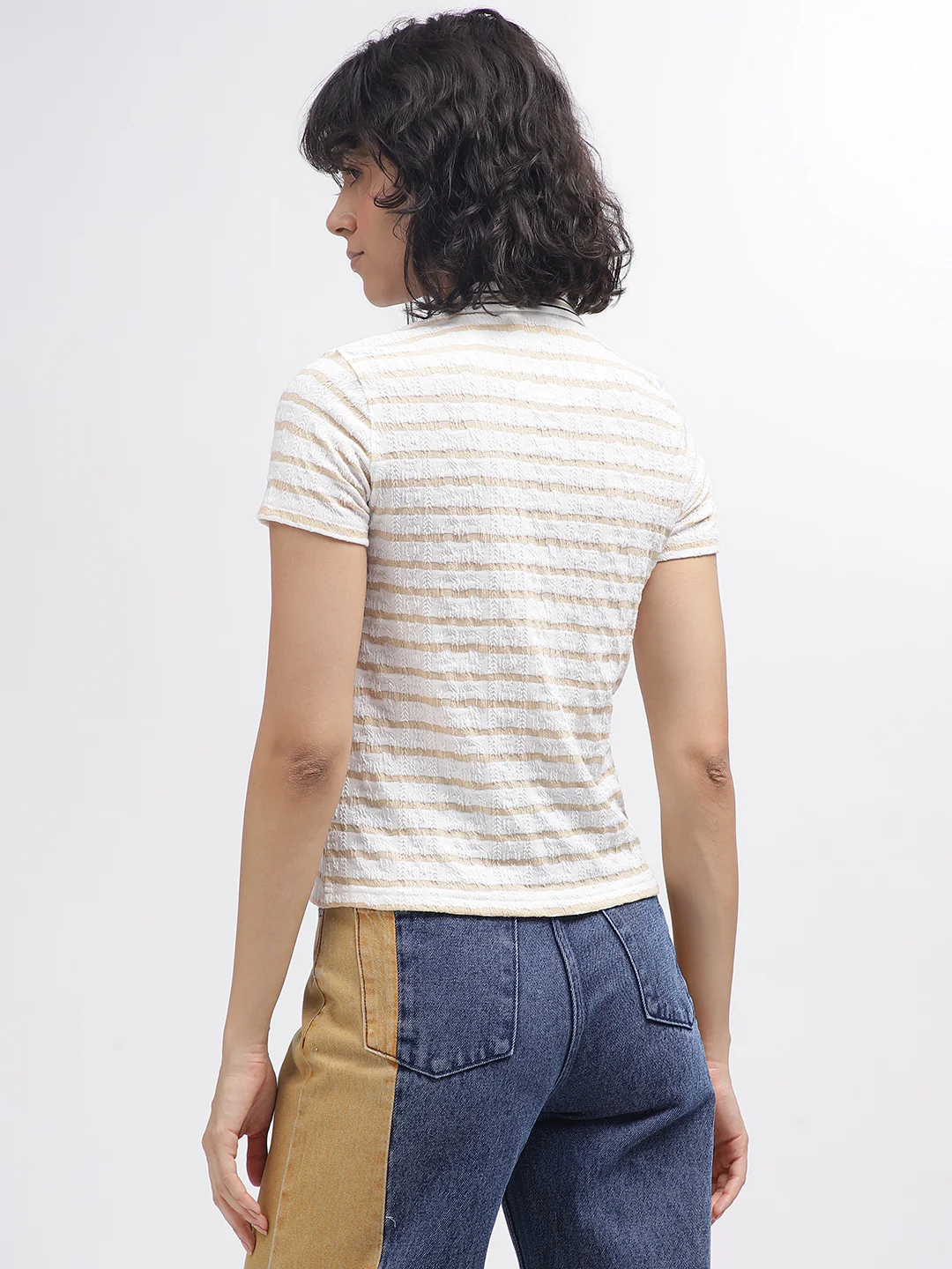 Iconic Women White Striped Polo Collar Short Sleeves Tshirt - Image 3