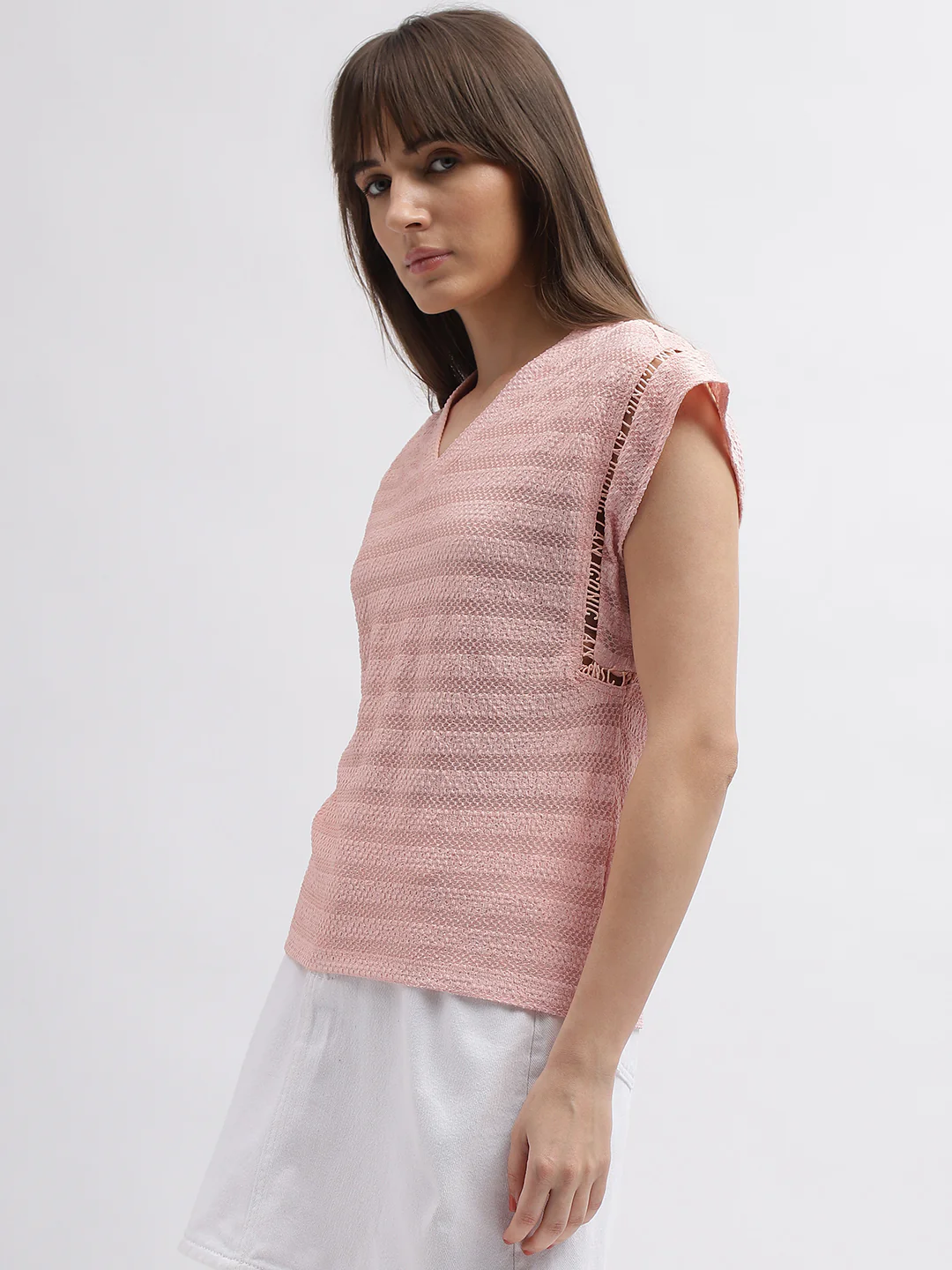 Iconic Women Pink Striped V-Neck Short Sleeves Tshirt - Image 5