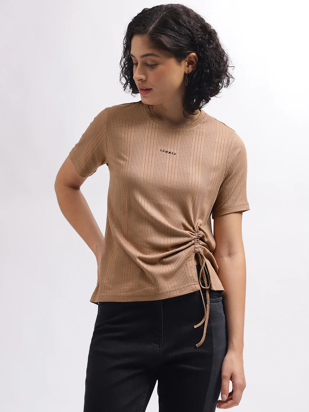 Iconic Women Brown Solid Round Neck Short Sleeves Top - Image 2