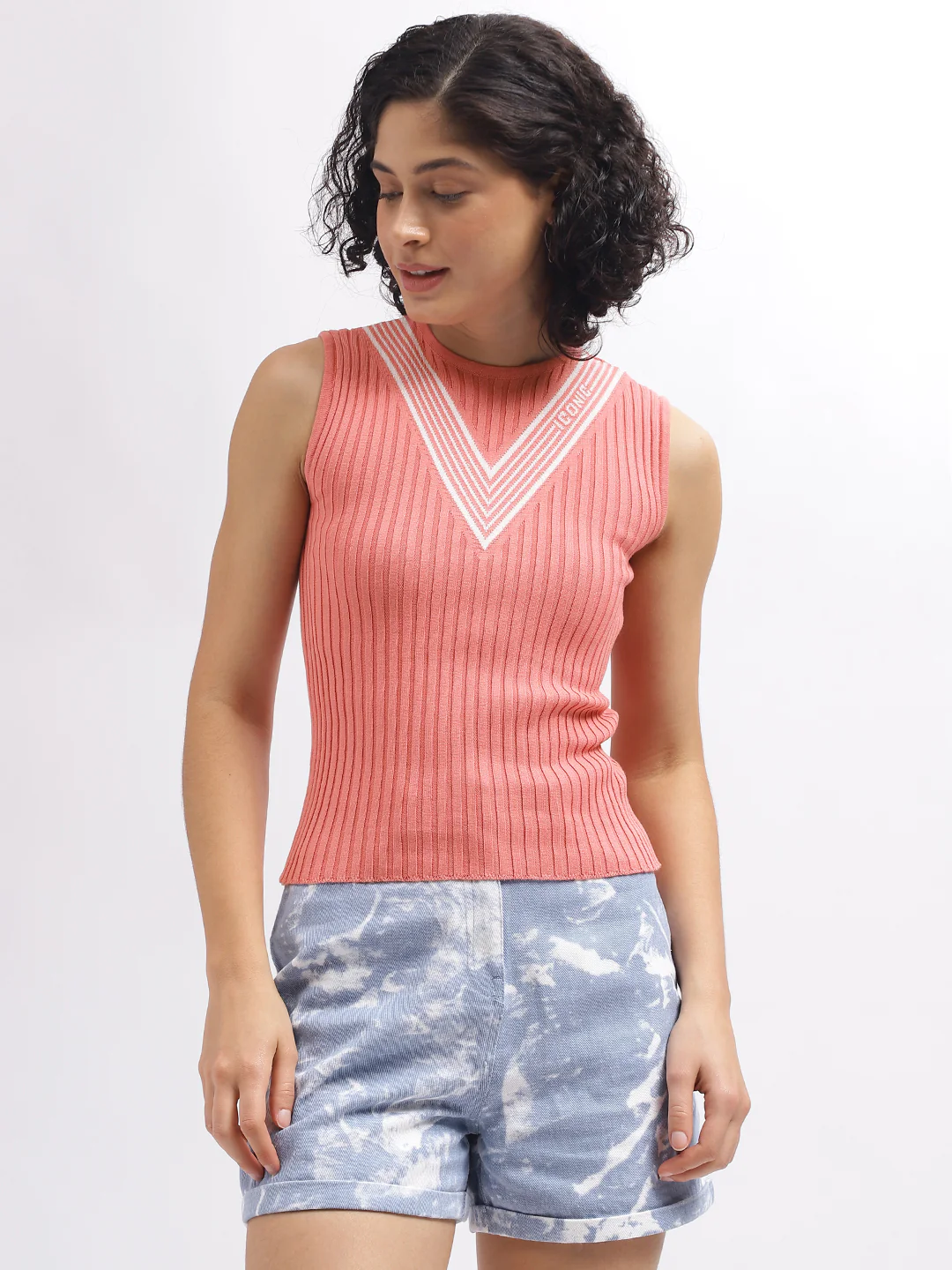 Iconic Women Pink Solid Round Neck Sleeveless Tshirt