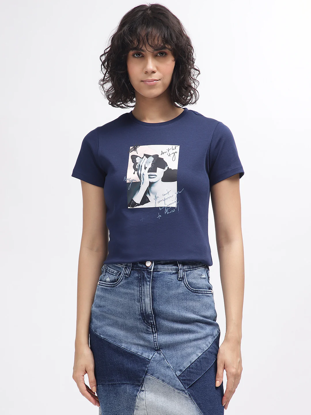 Iconic Women Navy Blue Printed Round Neck Short Sleeves Tshirt