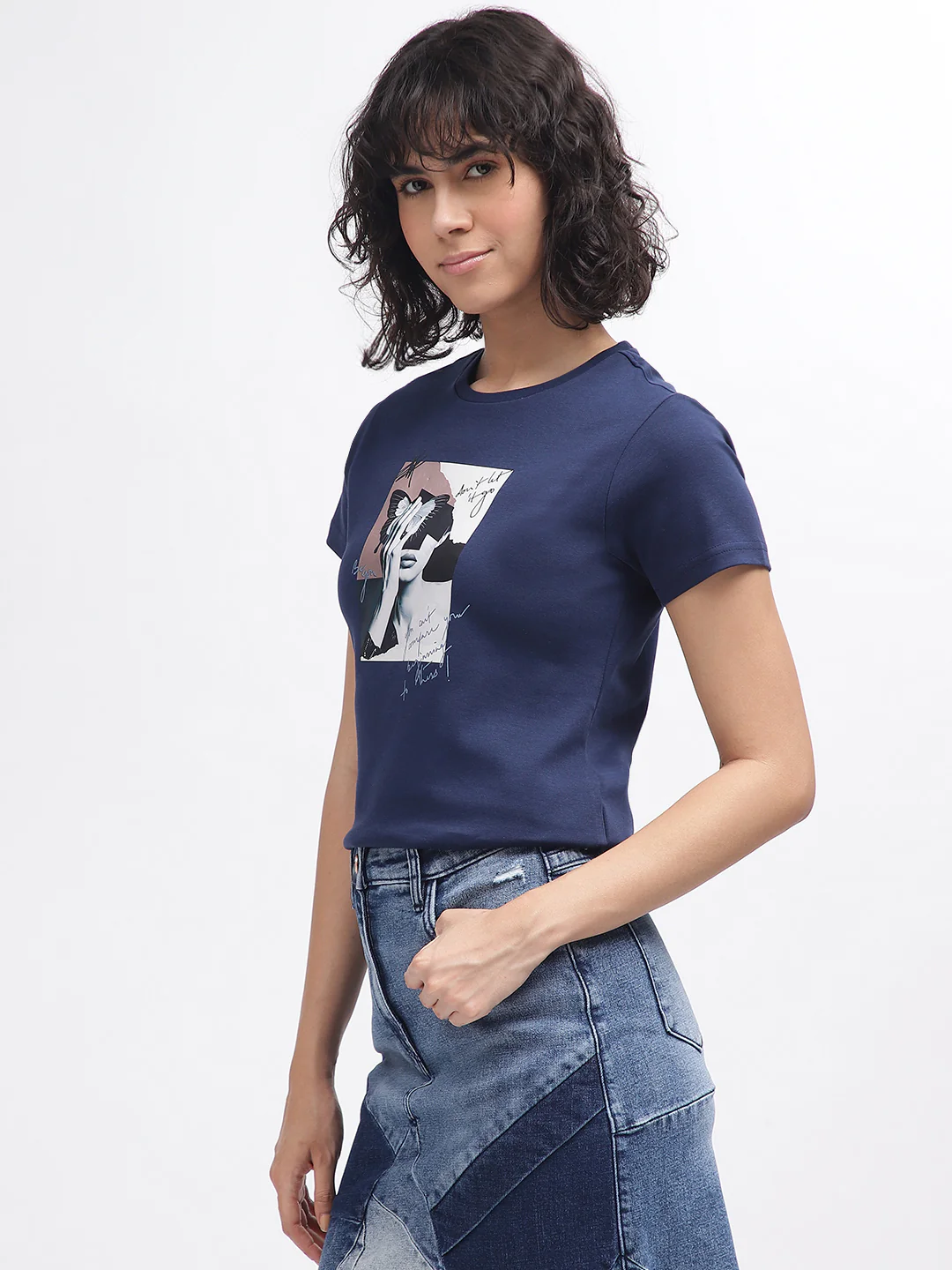 Iconic Women Navy Blue Printed Round Neck Short Sleeves Tshirt - Image 2