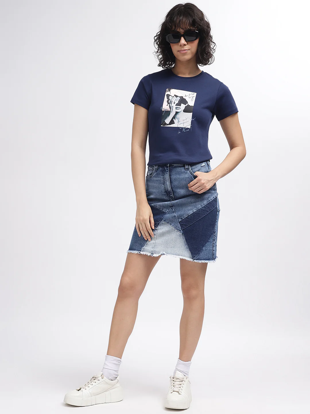 Iconic Women Navy Blue Printed Round Neck Short Sleeves Tshirt - Image 4