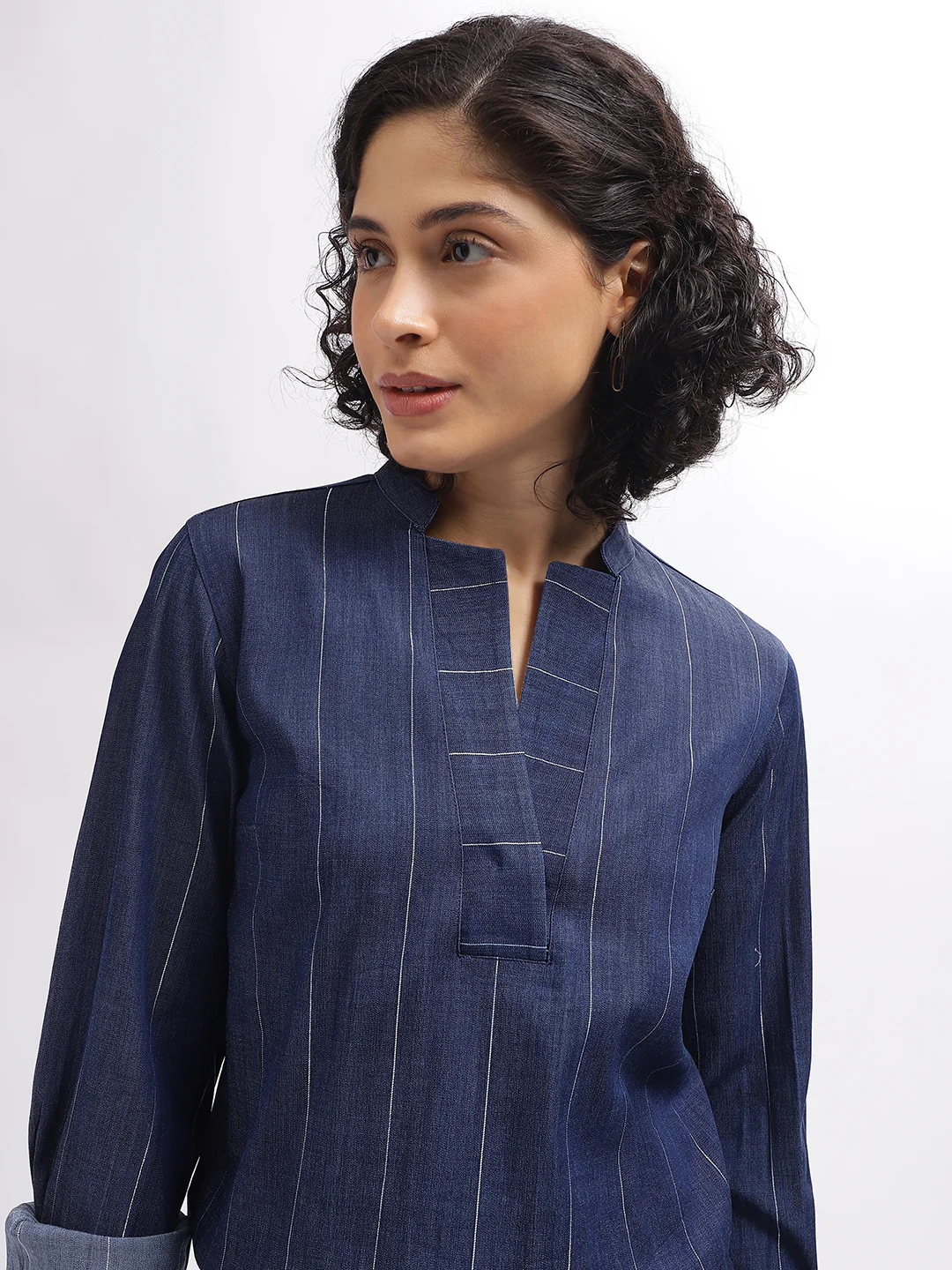 Iconic Women Blue Striped Mandarin Collar Full Sleeves Top - Image 2