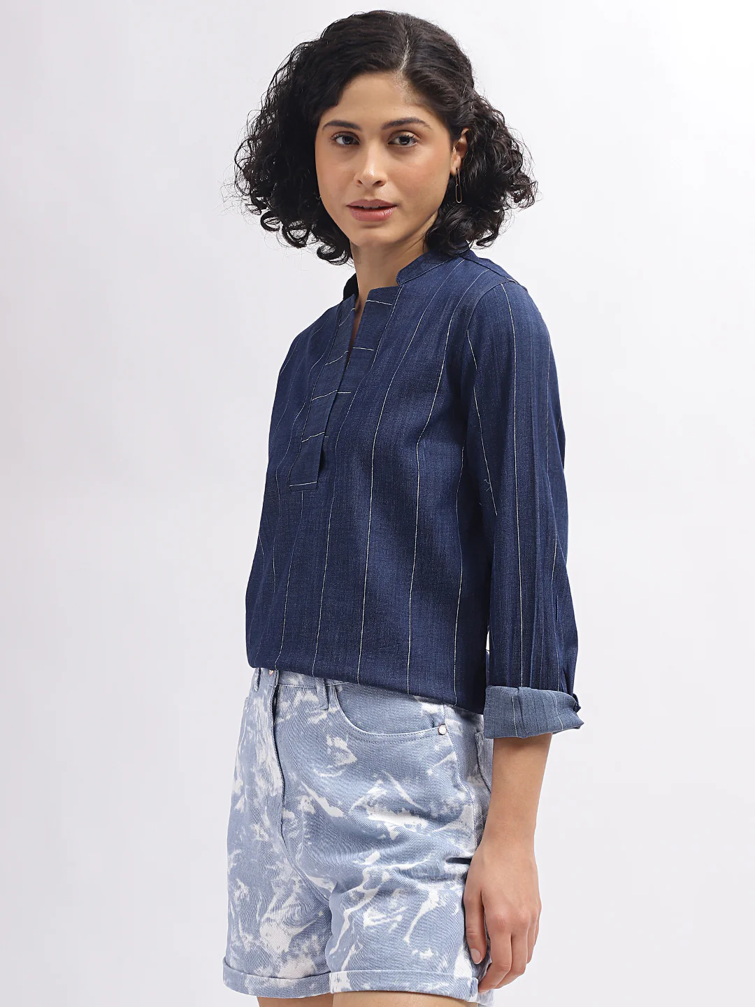 Iconic Women Blue Striped Mandarin Collar Full Sleeves Top - Image 3